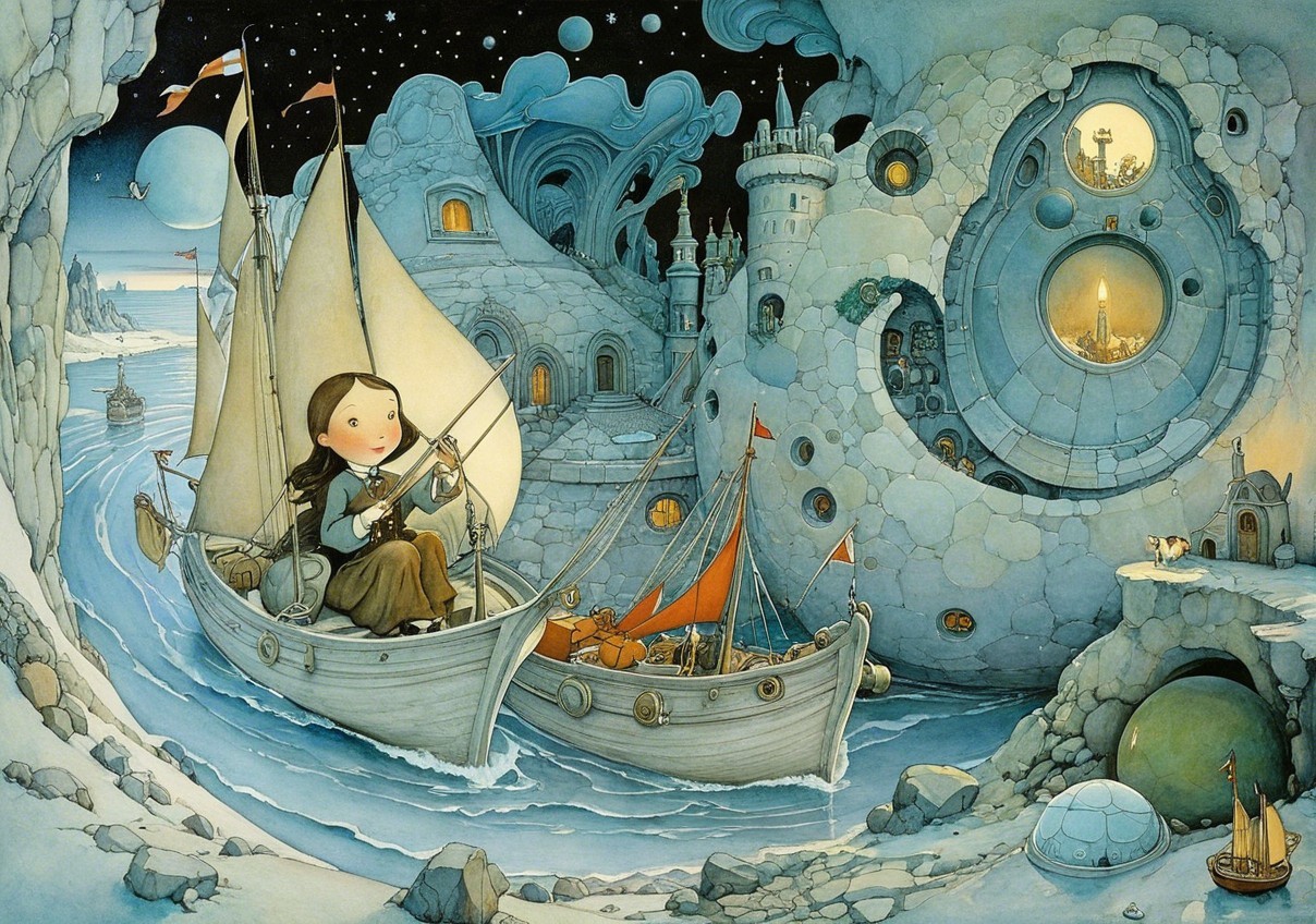 Whimsical Sailboat Scene with Guitar and Starry Sky