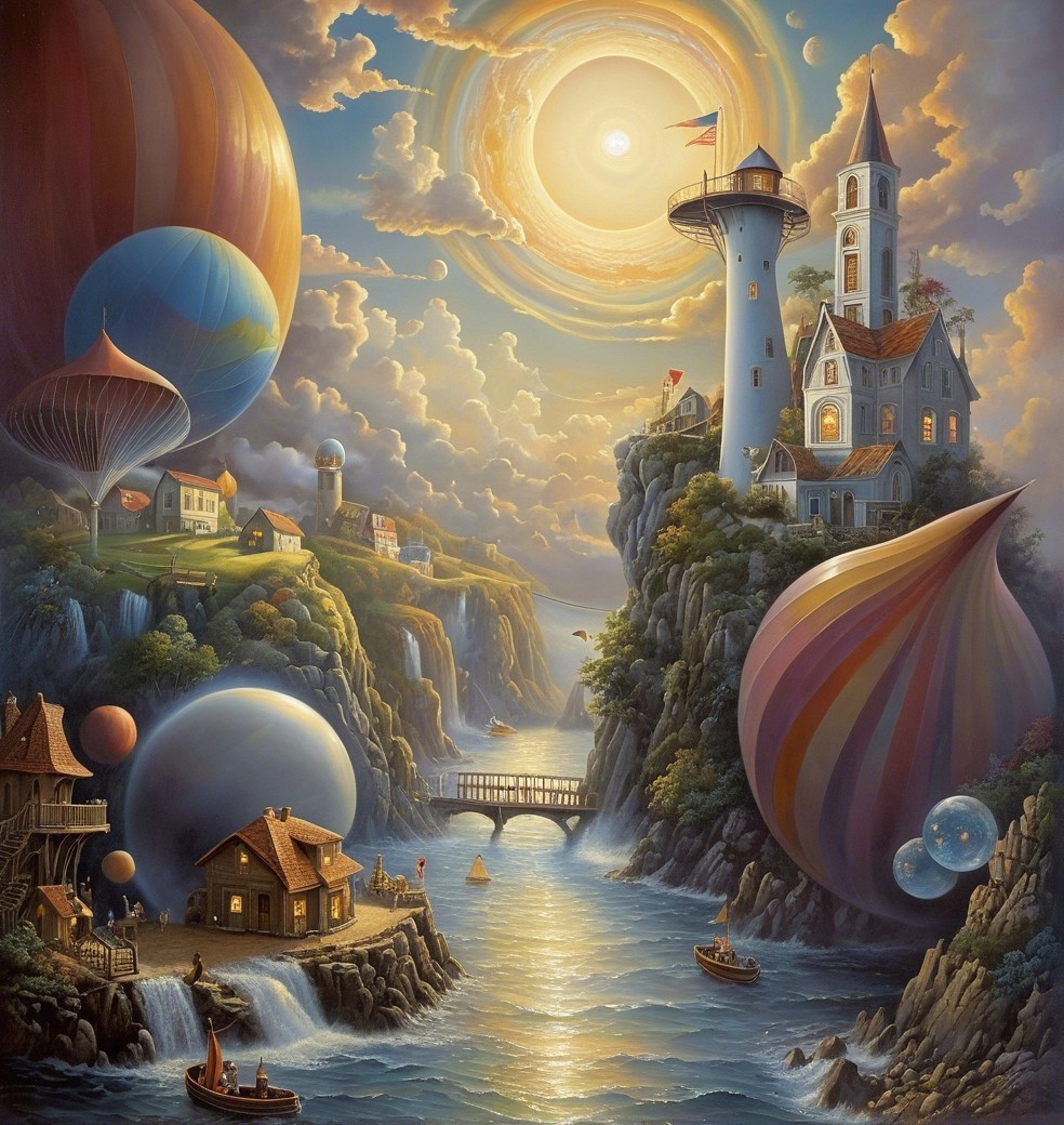 Whimsical Village Landscape with Hot Air Balloons and Lighthouse
