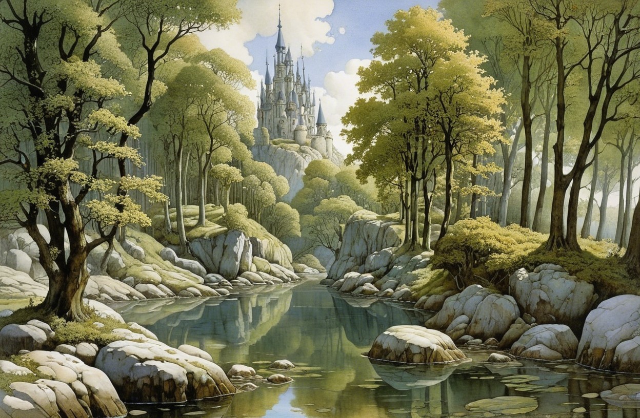 Tranquil River and Castle in Serene Landscape