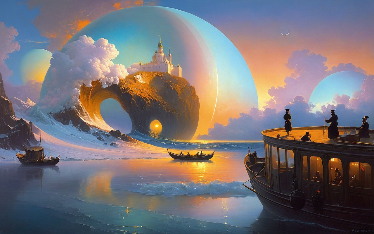 Surreal Landscape with Castle and Ethereal Clouds