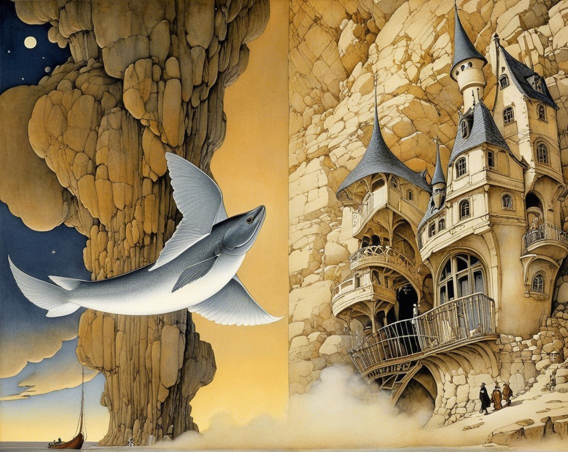 Surreal Landscape with Flying Fish and Medieval Towers