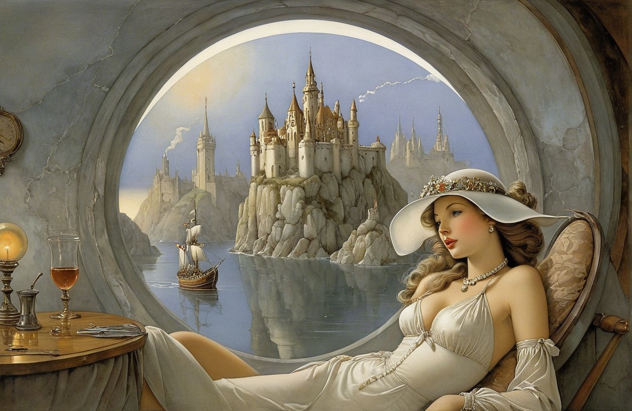 Serene Castle Scene Through Circular Window View
