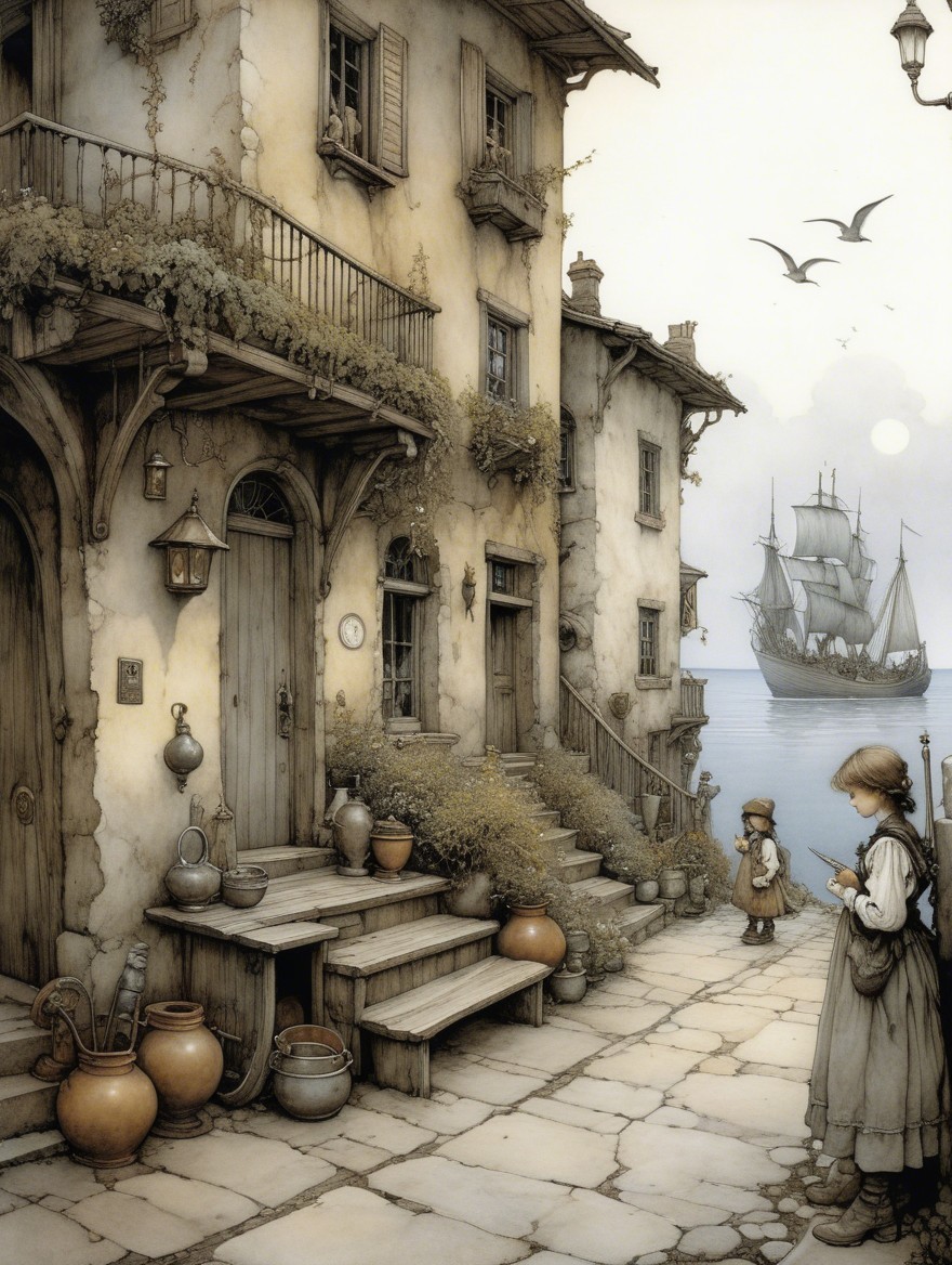 Serene Coastal Village with Stone Buildings and Ship