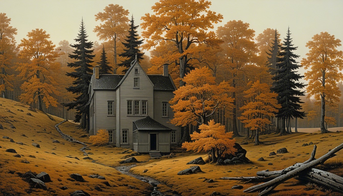 Gray House in Serene Autumn Landscape with Foliage