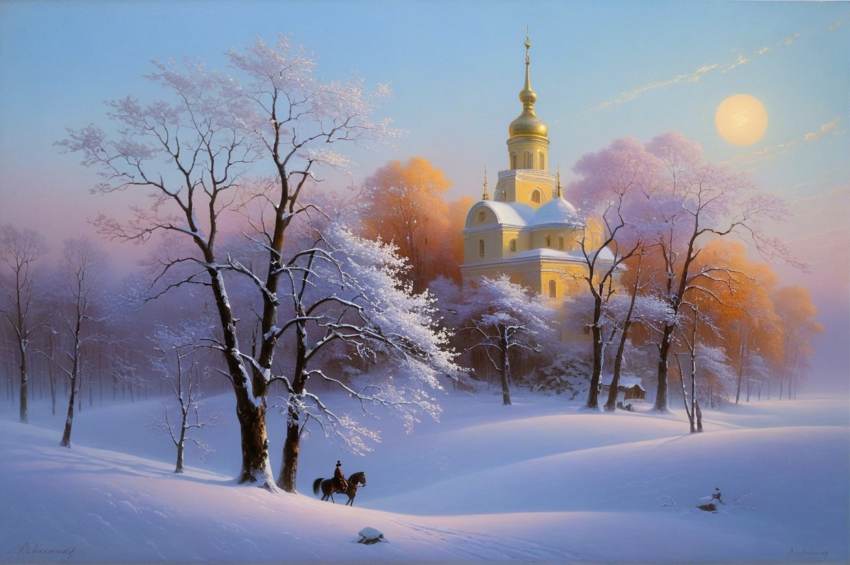 Serene Winter Landscape with Church and Horseback Rider