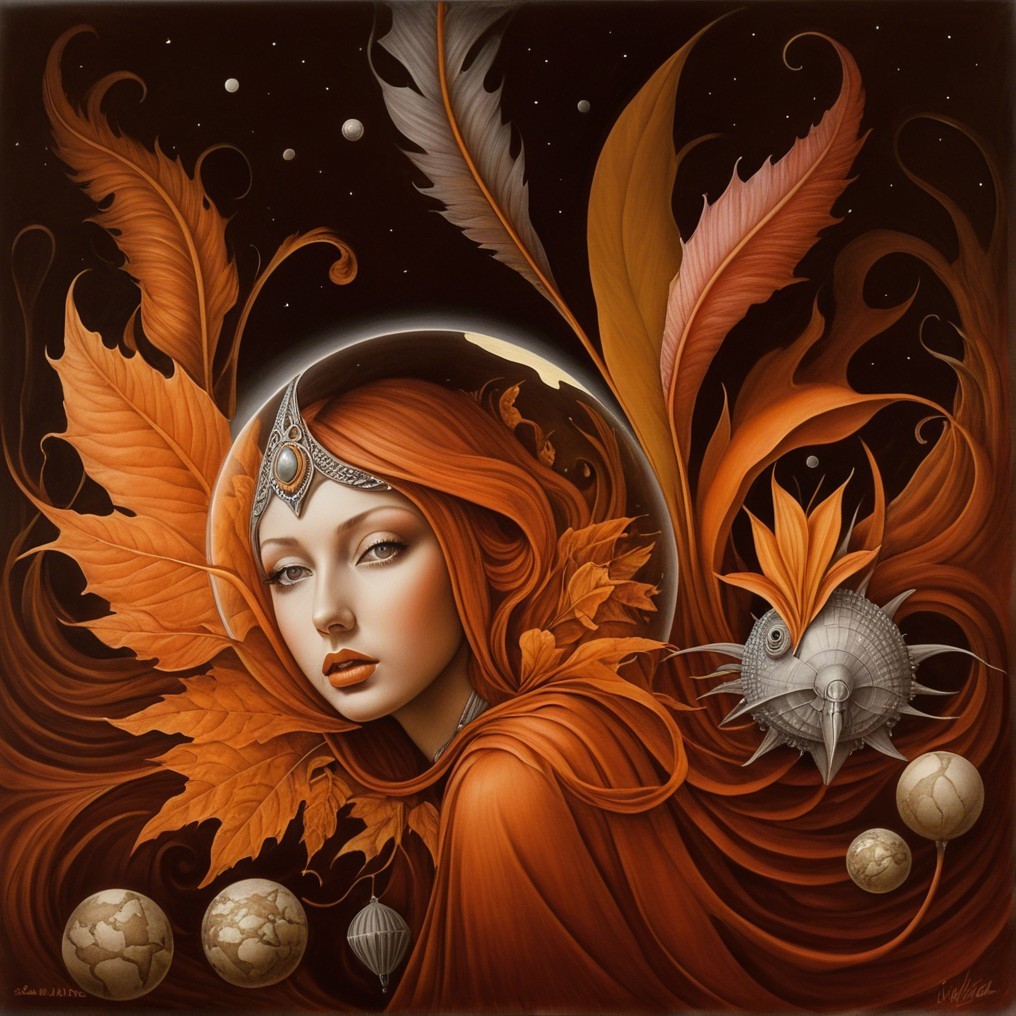 Ethereal figure with red hair and autumn leaves