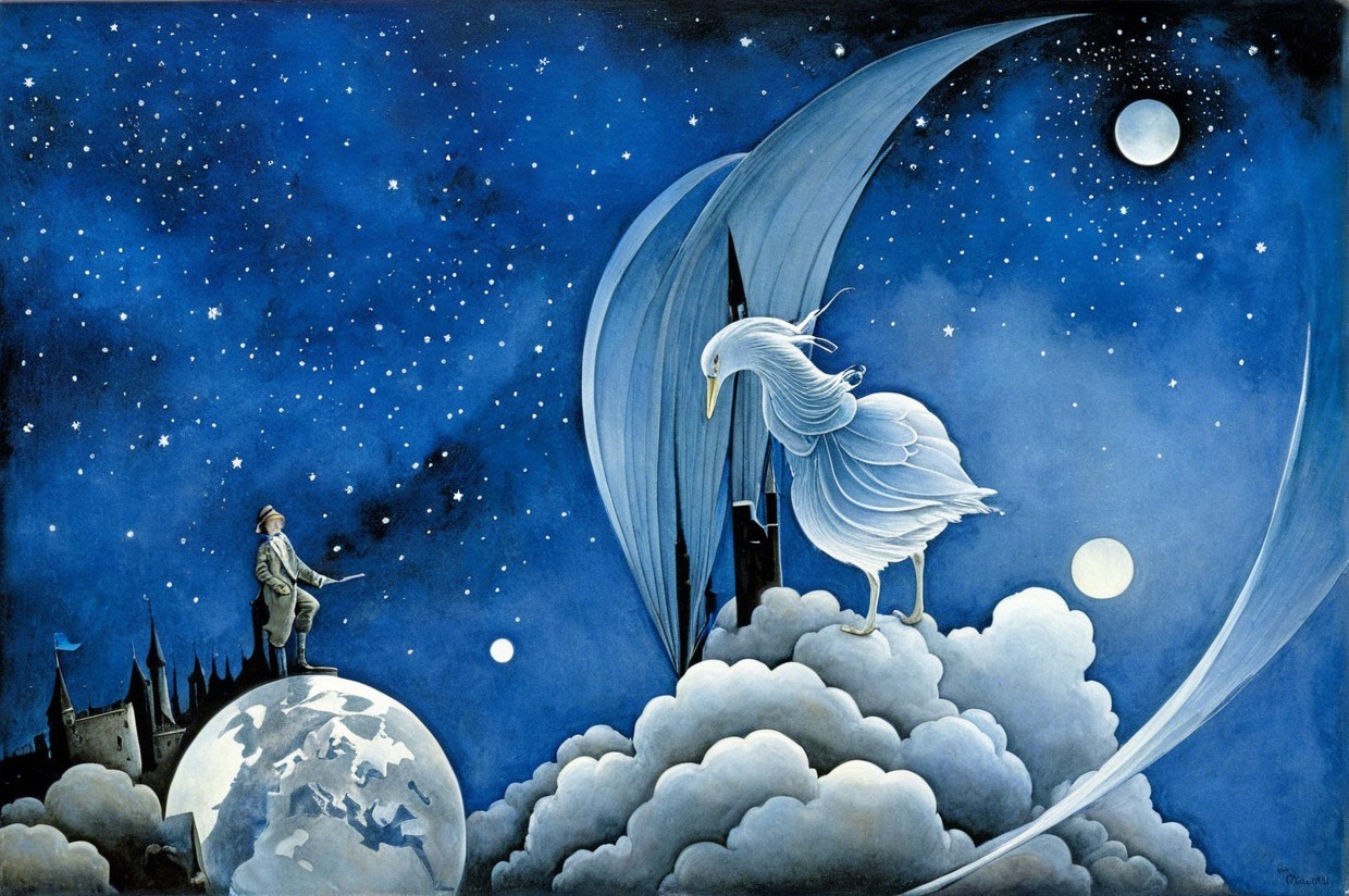 Whimsical Night Sky with Ethereal Bird and Castles