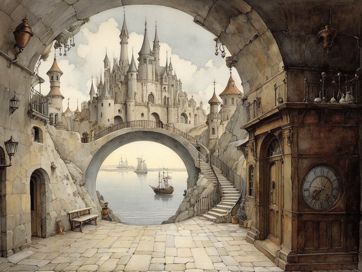 Grand Castle with Spires and Serene Waterway Scene