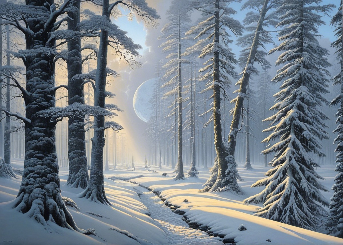 Serene Winter Landscape with Snowy Trees and Moon