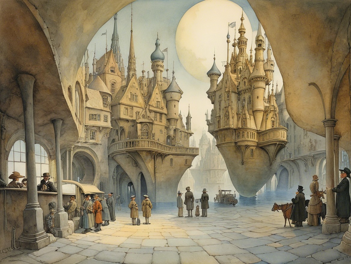 Whimsical Cityscape with Floating Castles and Vintage Charm