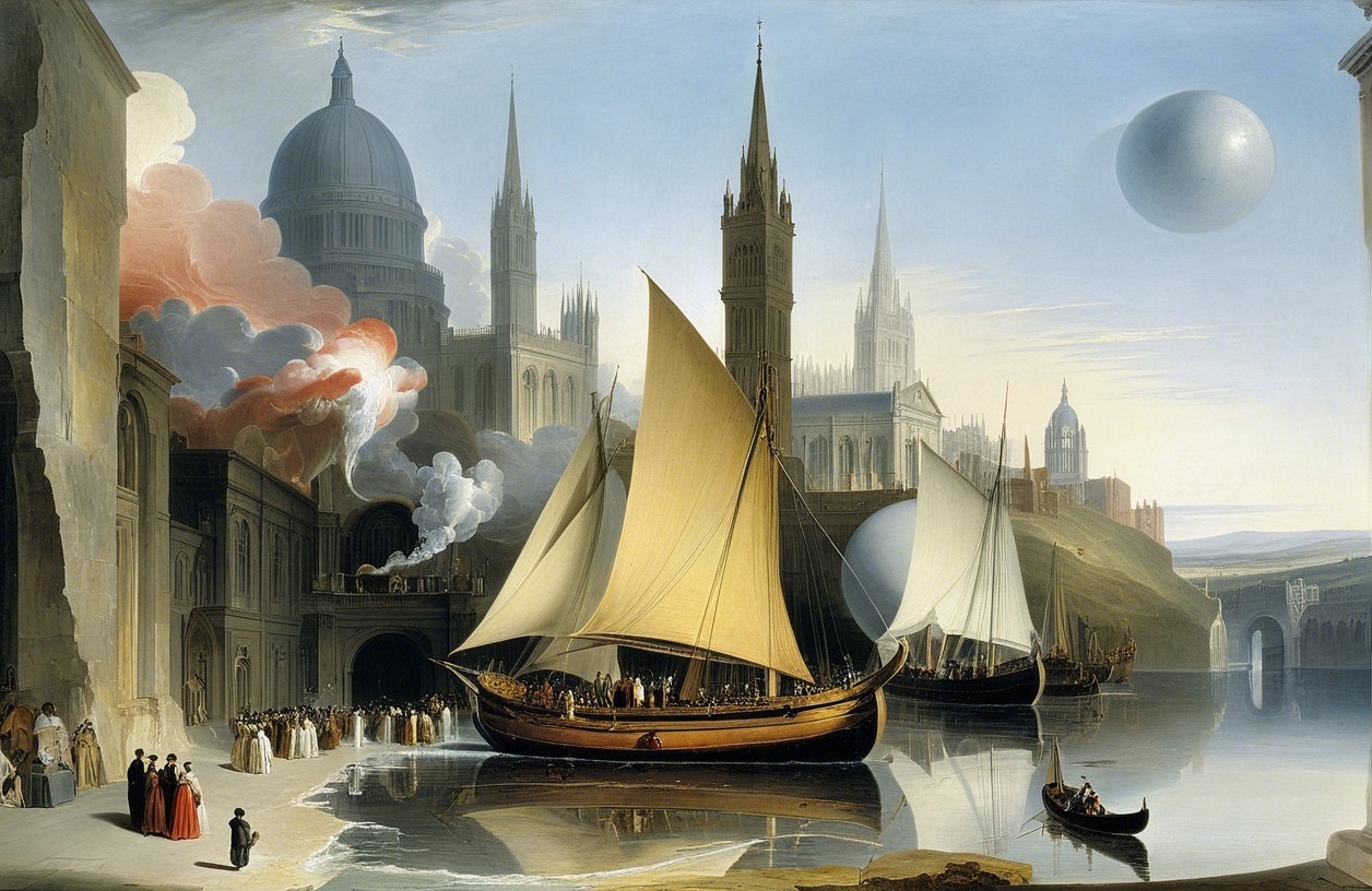 Historical Harbor Scene with Sailing Vessels and Spheres