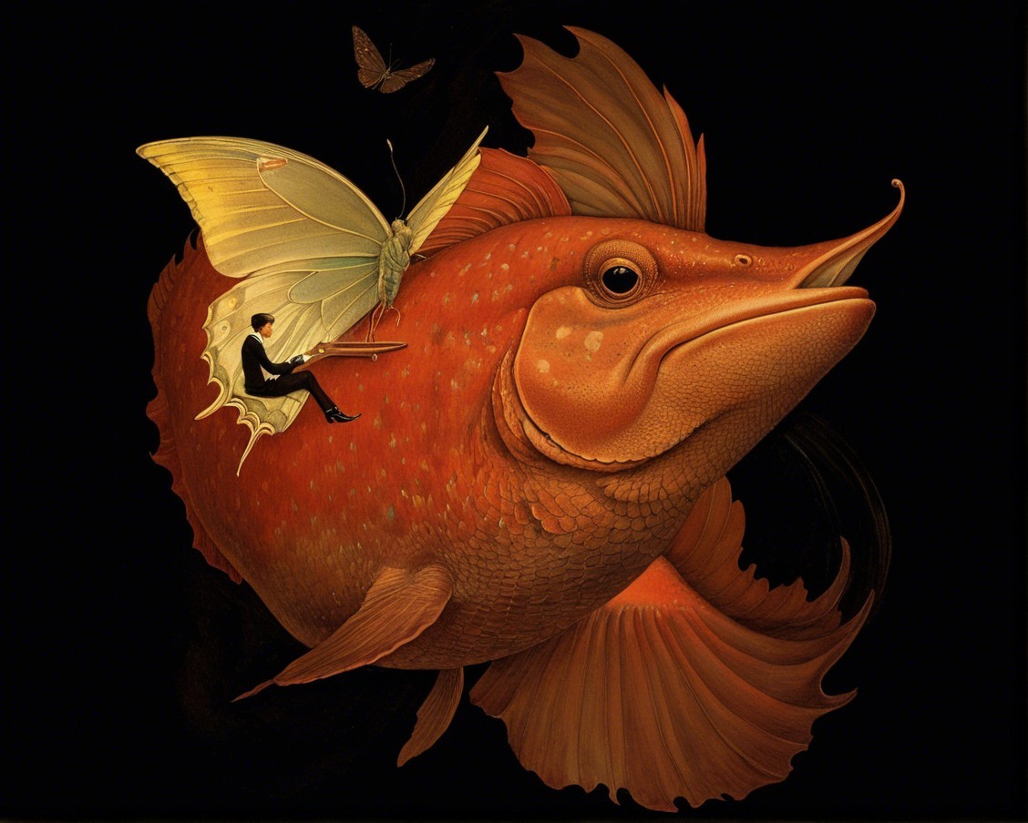 Surreal Scene with Vibrant Fish and Butterfly