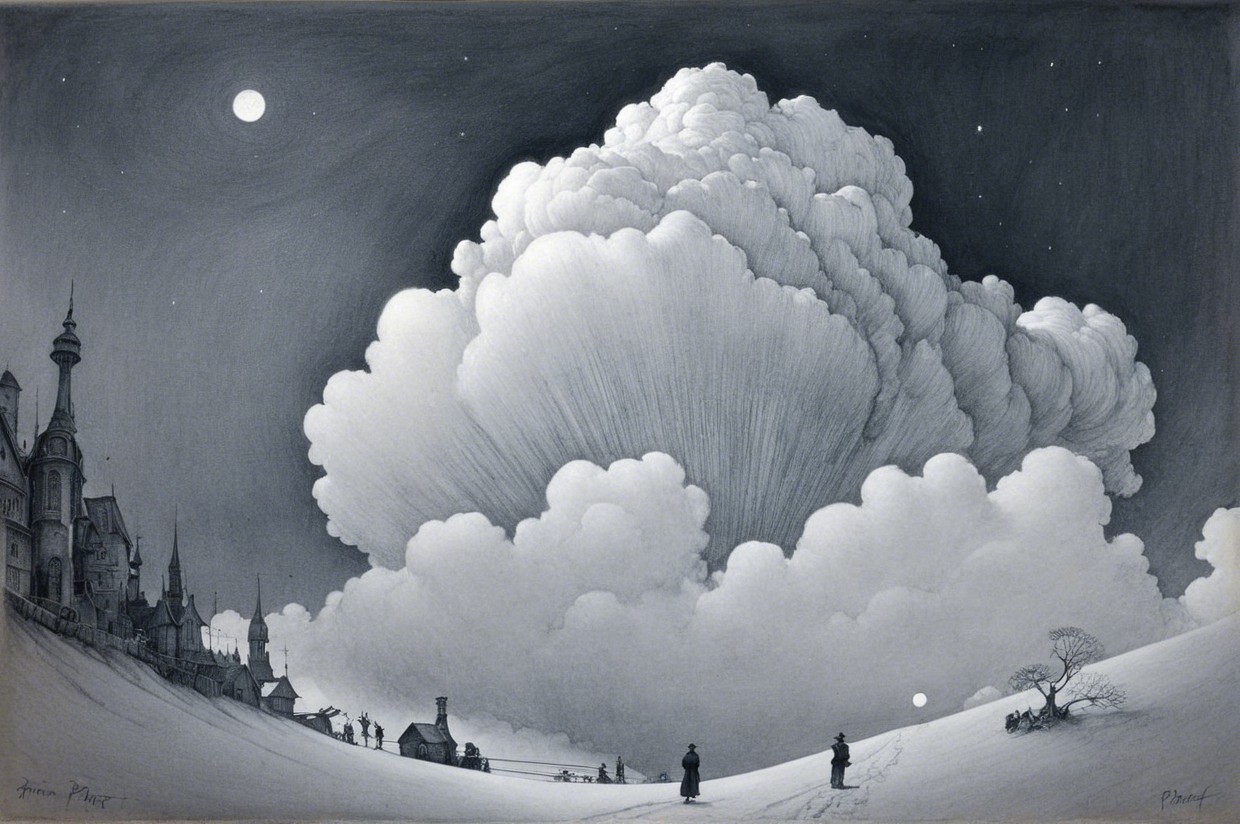 Surreal Night Landscape with Moonlit Cloud and Town