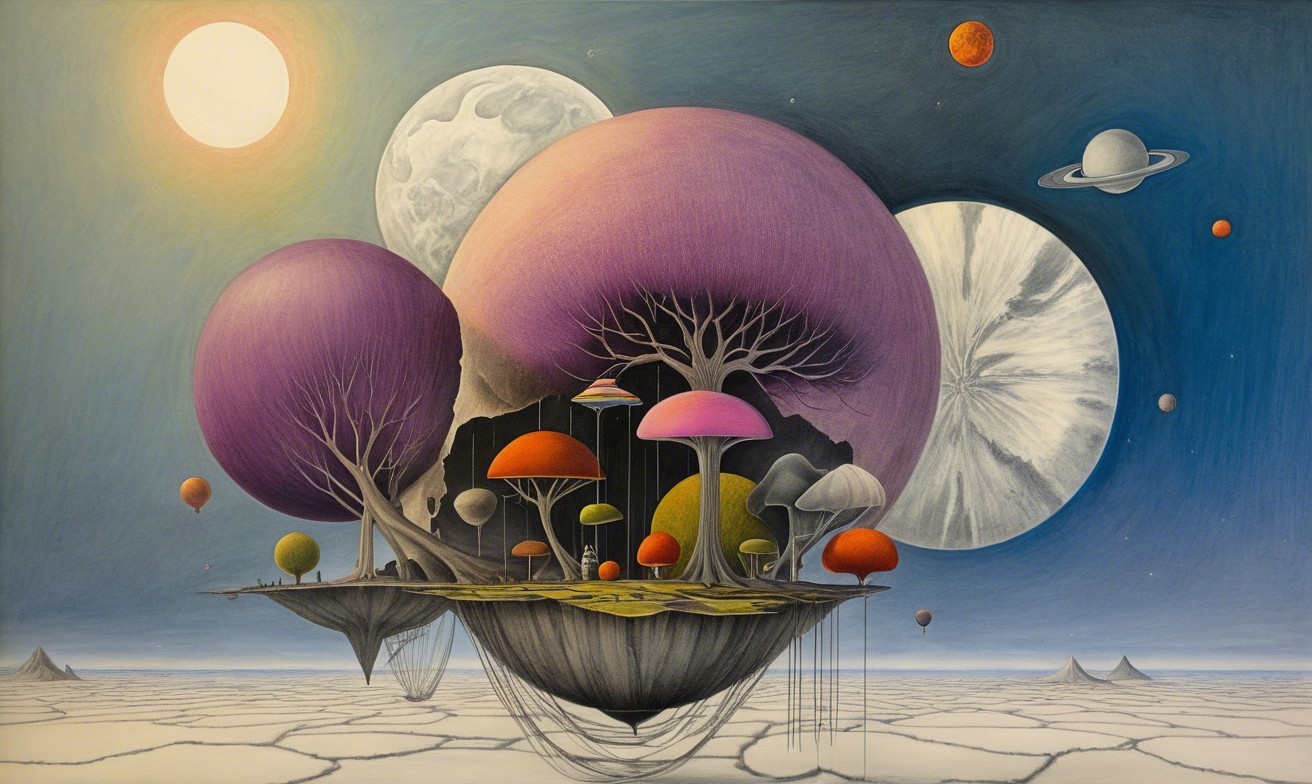 Surreal Landscape with Floating Islands and Colorful Flora