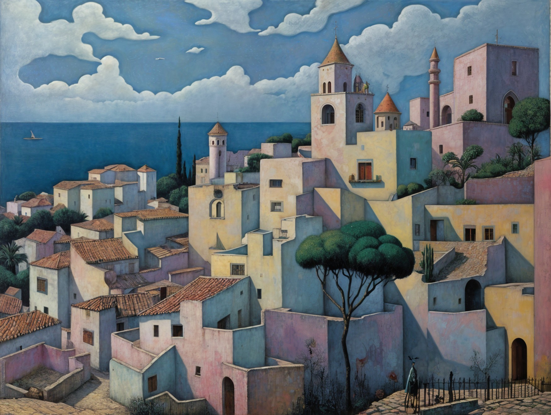 Coastal Town with Abstract Buildings and Scenic Views