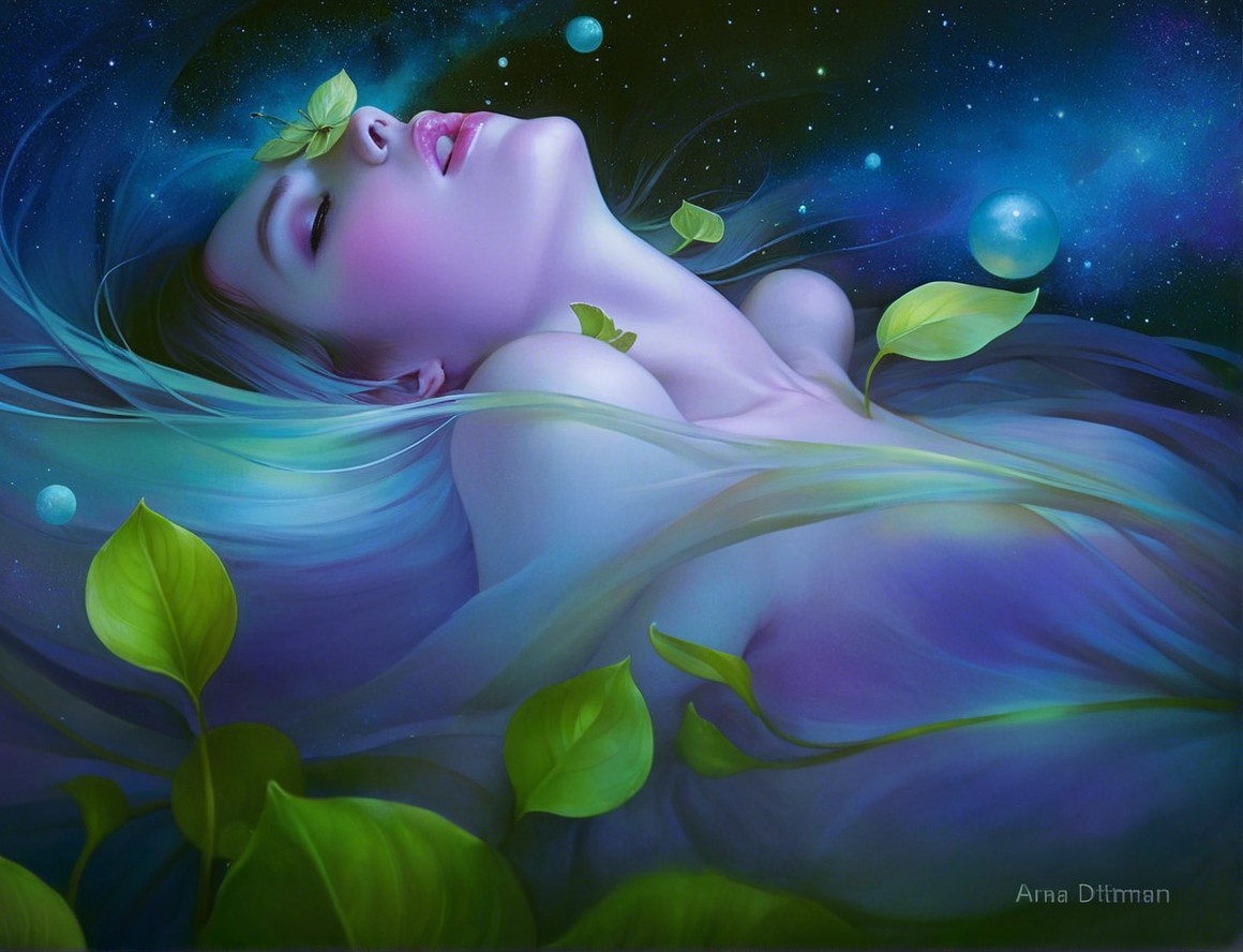 Ethereal Figure Surrounded by Pastel Hair and Leaves