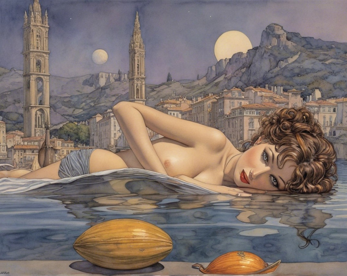 Tranquil Water Scene with Woman and Melons