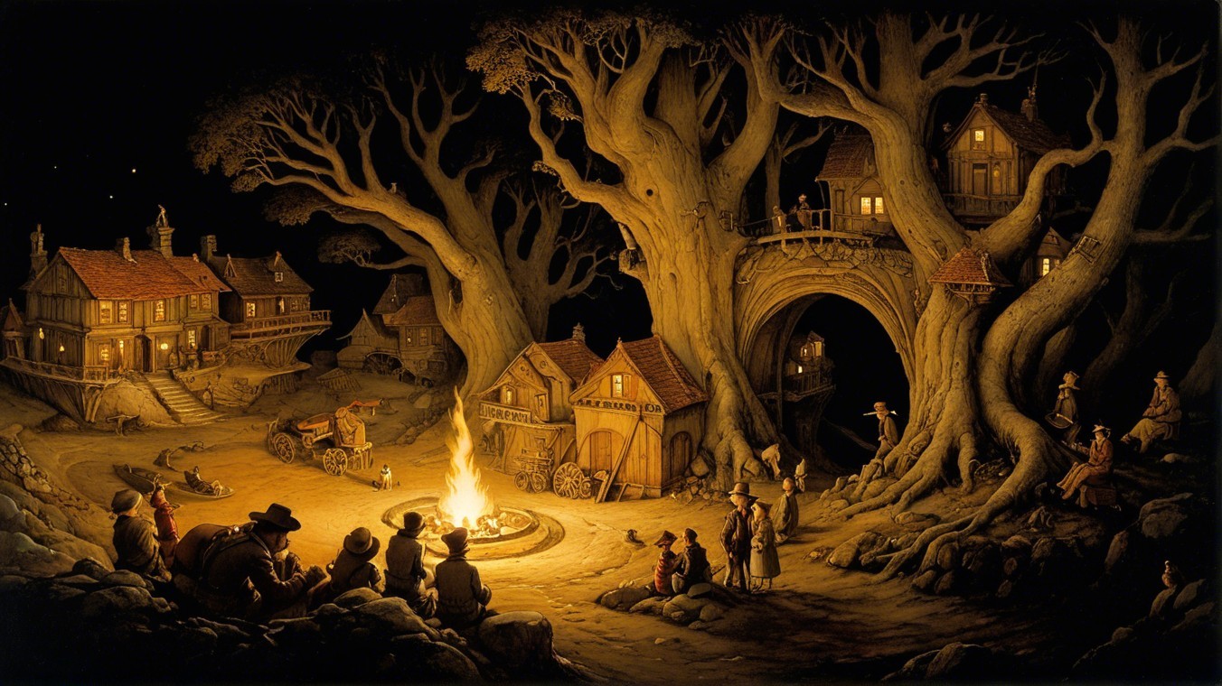 Whimsical Night Scene in a Mystical Village