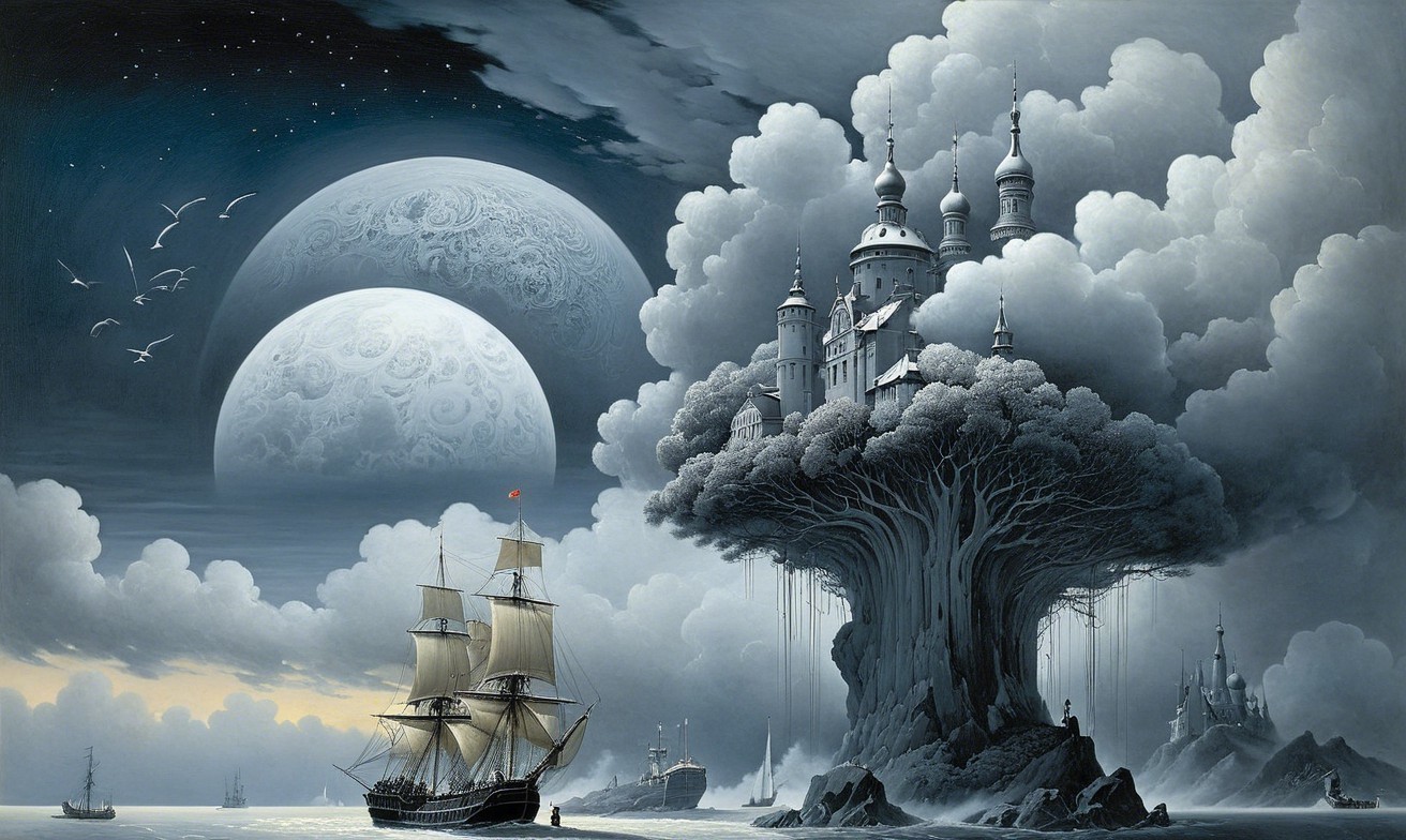 Grand Ship Sailing Towards Fantastical Landscape Scene
