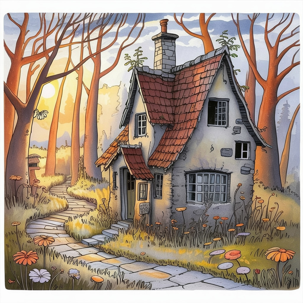 Rustic Cottage Illustration in Watercolor Style