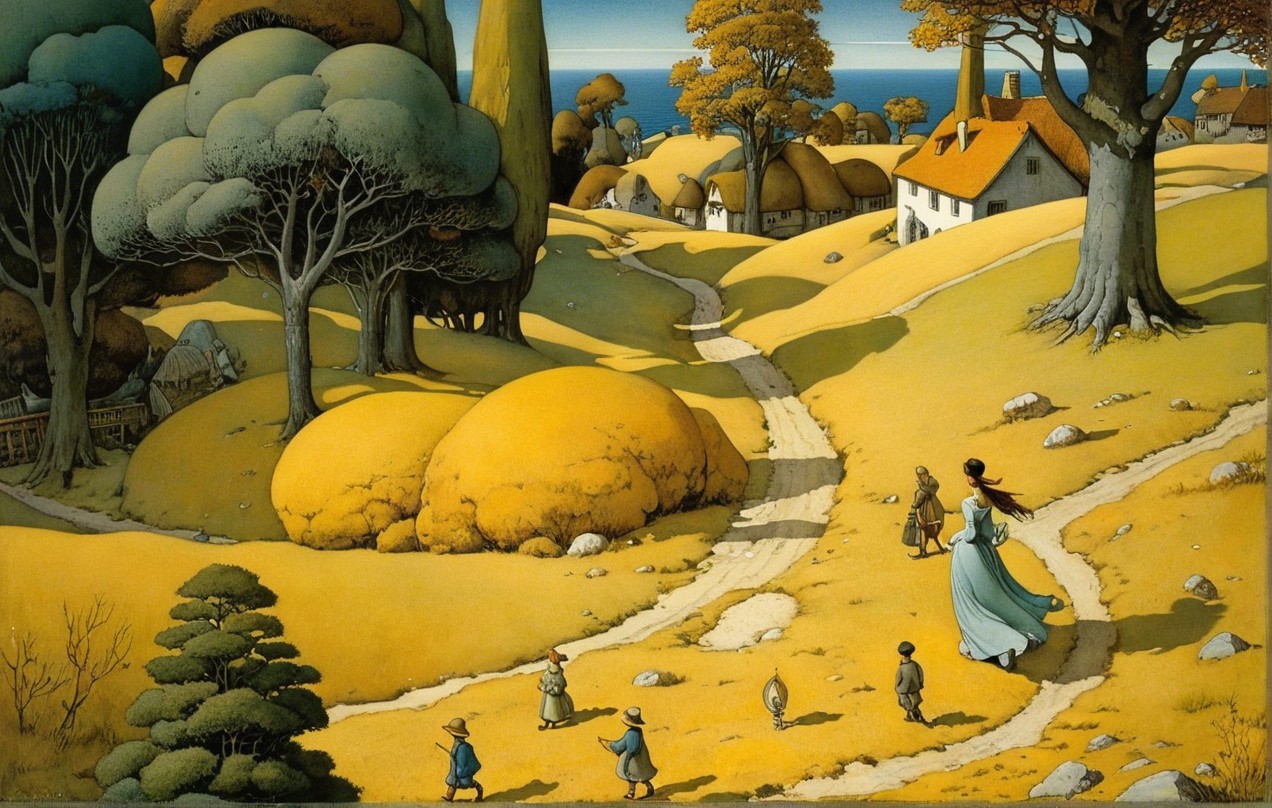 Serene landscape with path, fields, and autumn trees