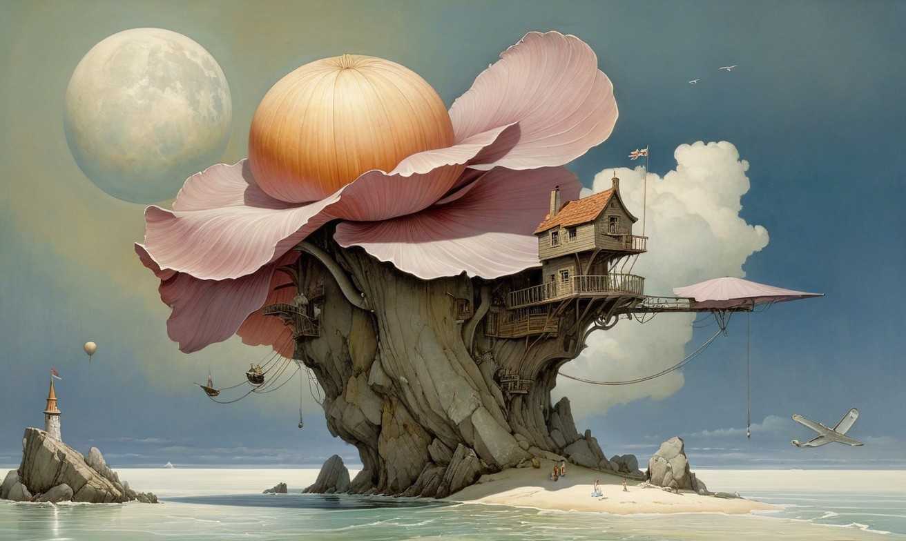Surreal Landscape with Giant Flower and Beach Scene