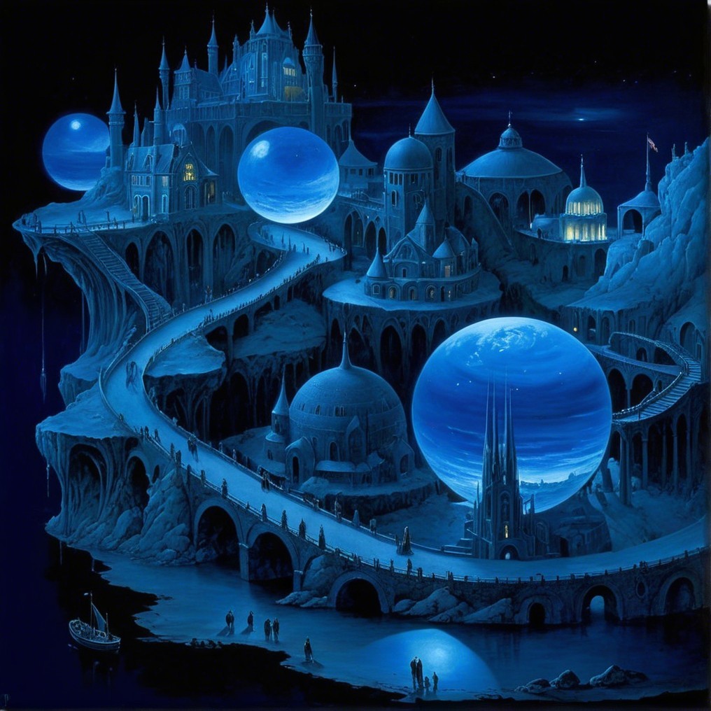 Surreal Landscape with Mystical City and Floating Spheres