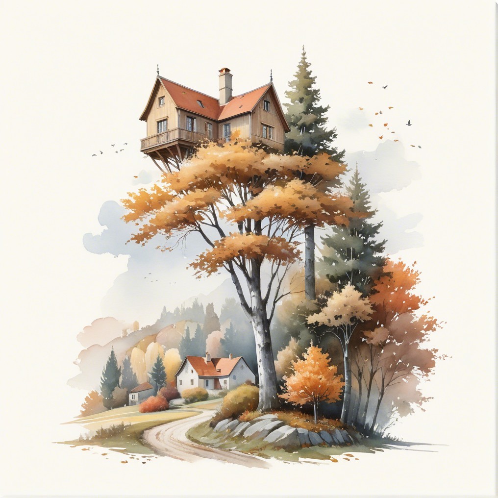 Cozy Treehouse Surrounded by Autumn Foliage Scene