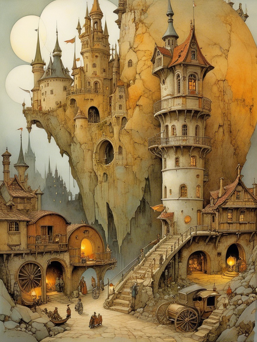 Whimsical Village with Fantastical Castles and Twilight