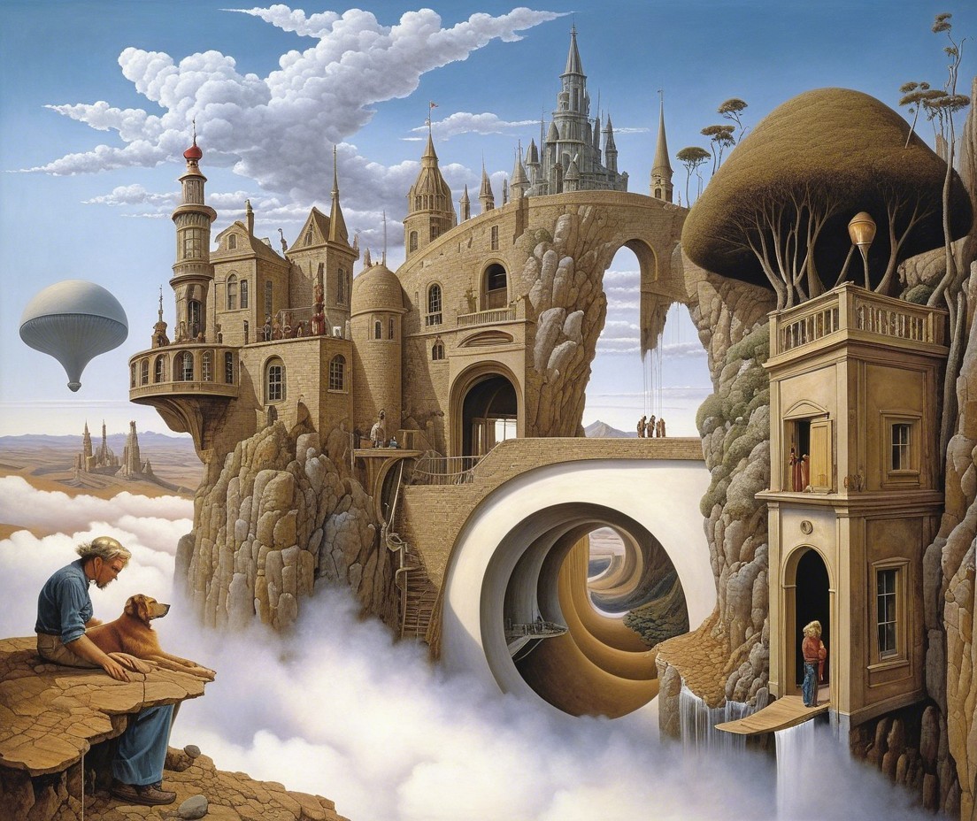 Surreal Landscape with Fantastical Architecture and Castle