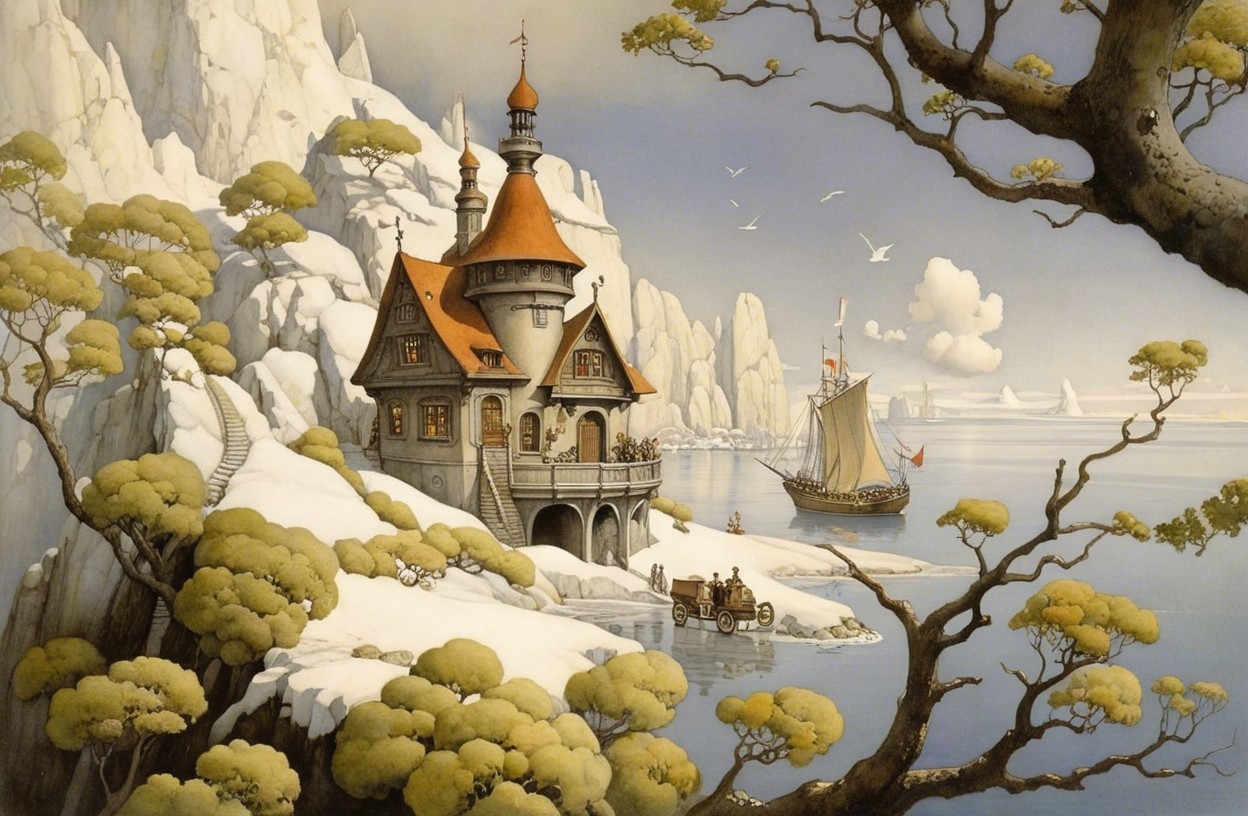 Whimsical Coastal Scene with Charming House and Sailboat