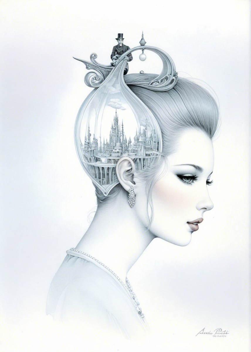 Elegant Woman with Whimsical Hairstyle and Architecture