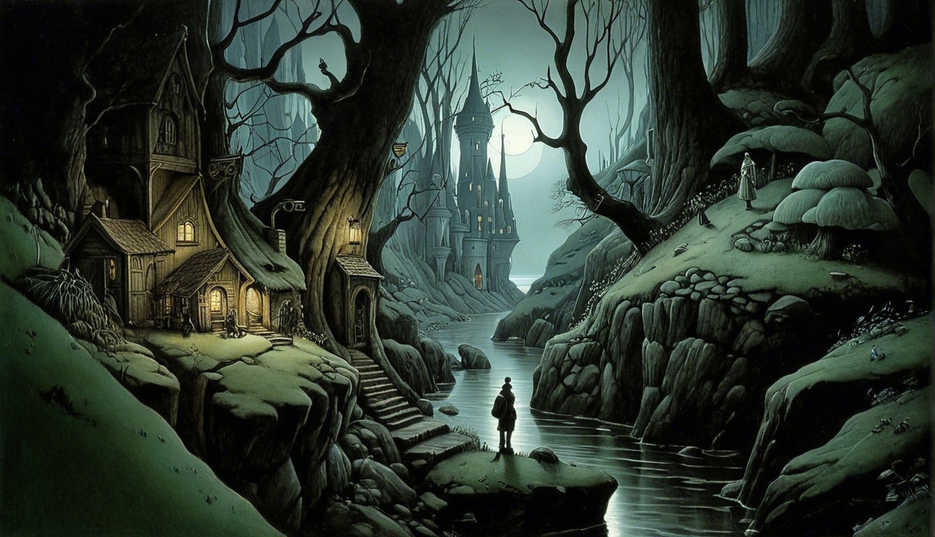 Enchanting Landscape with River, Cottages, and Castle