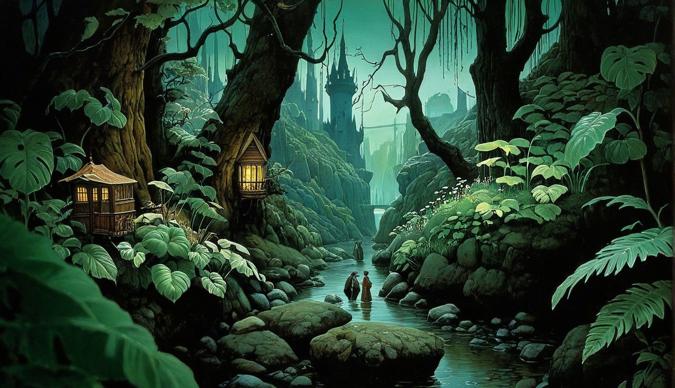 Mystical Forest with Stream and Treehouses at Twilight
