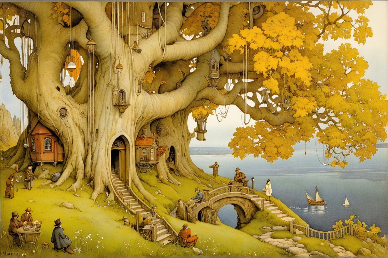 Whimsical scene with a giant tree and autumn leaves