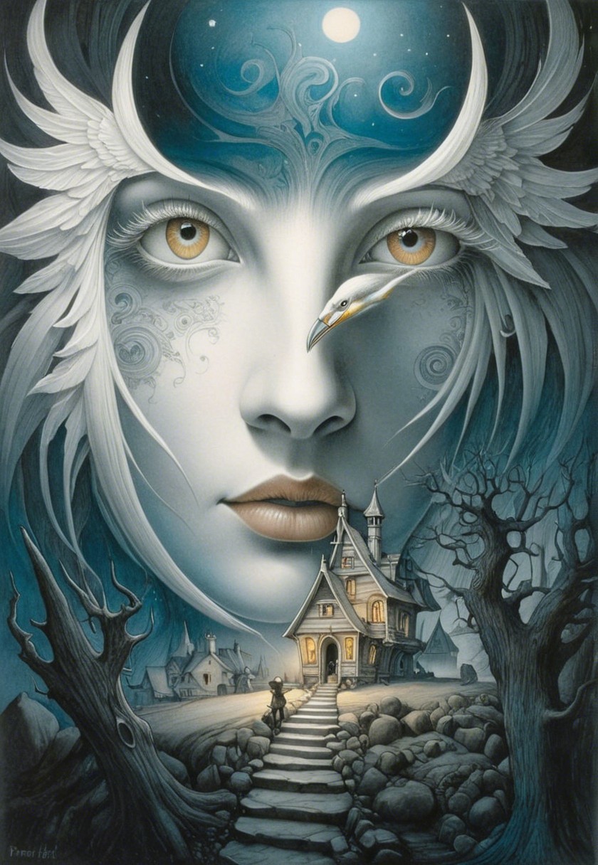 Mystical Face with Wings and Enchanting House Scene