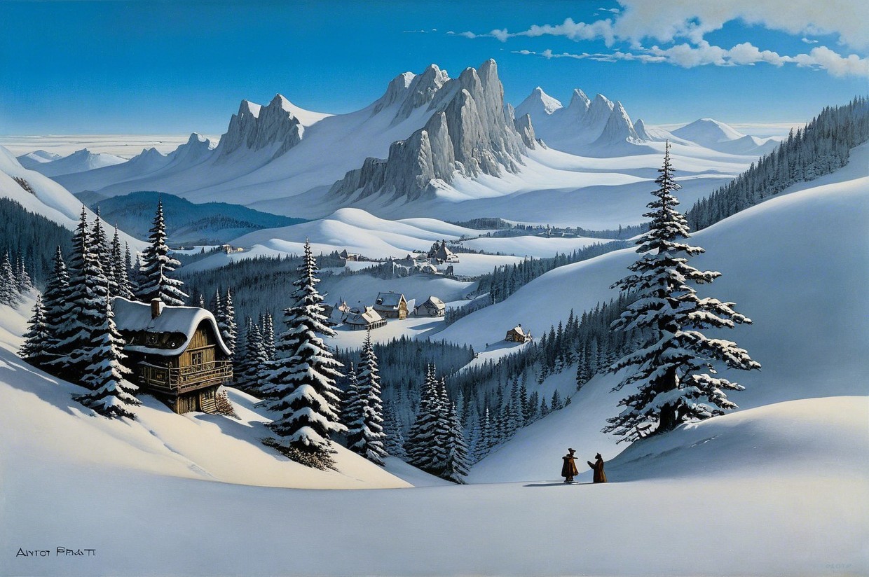 Winter Cabin in Snowy Pine Tree Landscape