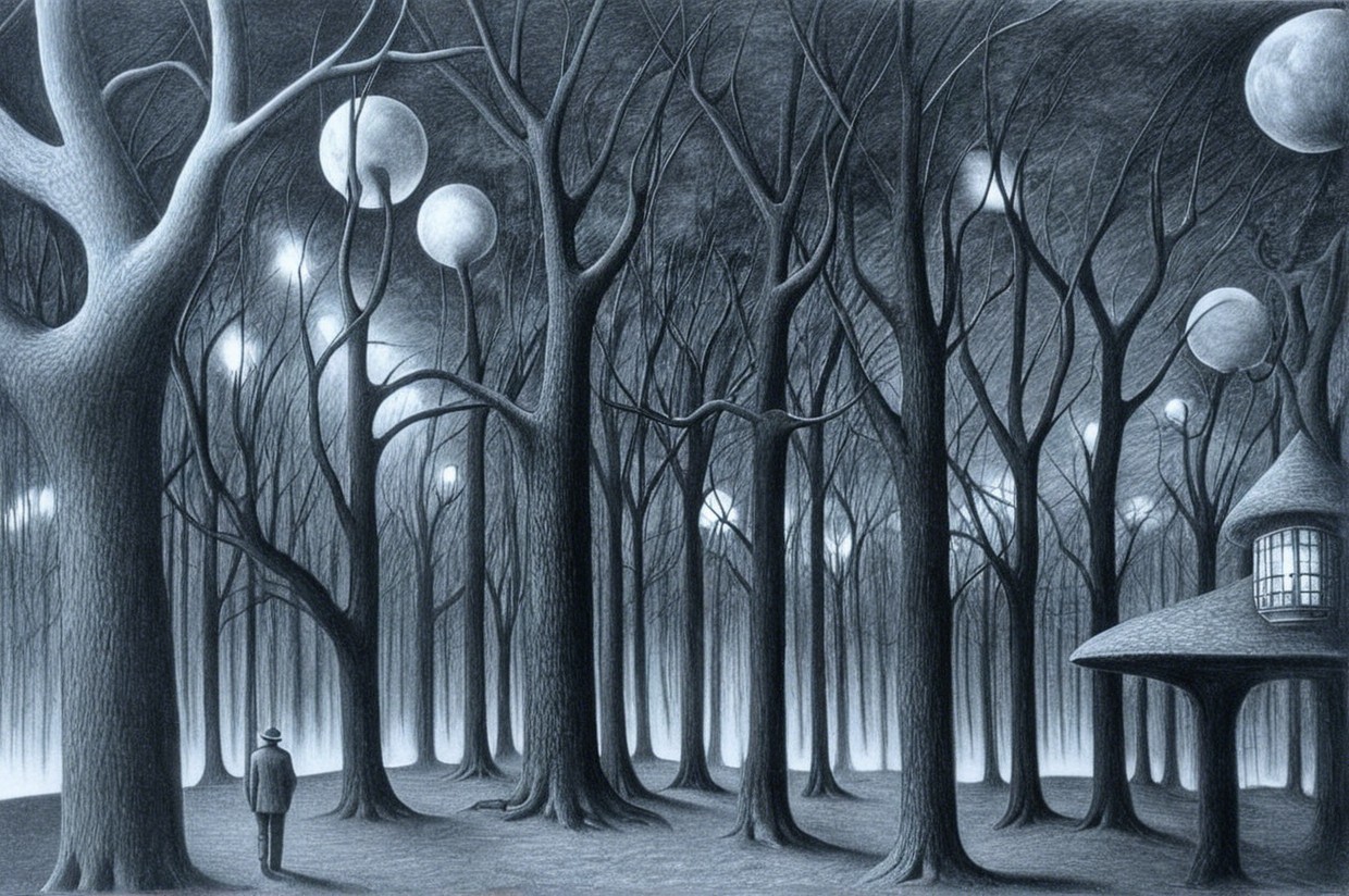 Solitary Figure in a Surreal, Dark Forest Setting
