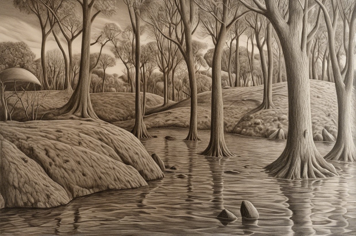 Tranquil Landscape with Water and Tall Trees