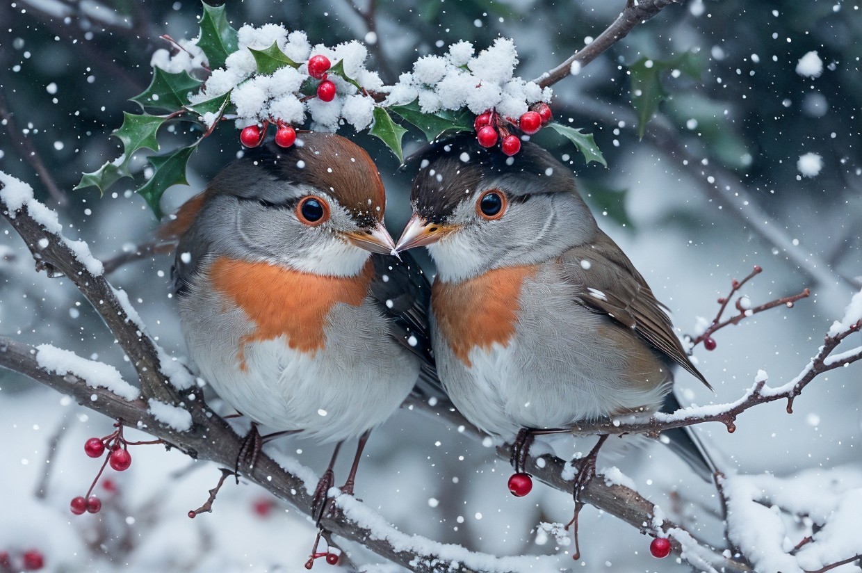 Orange, white, and grey birds on snowy branch with berries and snowflakes