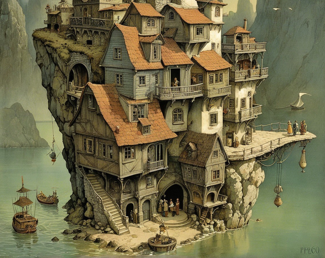 Cliffside Village with Intricate Houses and Calm Waters