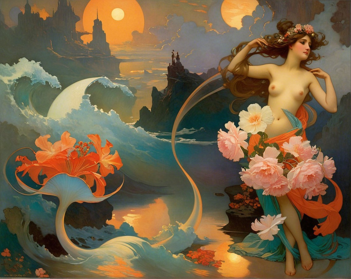 Ethereal Woman in Floral Crown Amidst Vibrant Nature