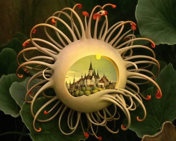 Surreal Painting of a Flower with Miniature City Inside
