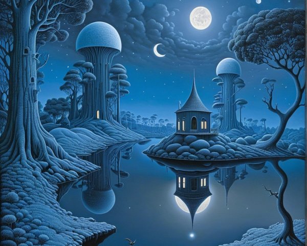Surreal Moonlit Landscape with Blue Trees and Gazebo