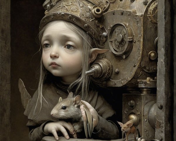 Ethereal girl in steampunk contraption with mice