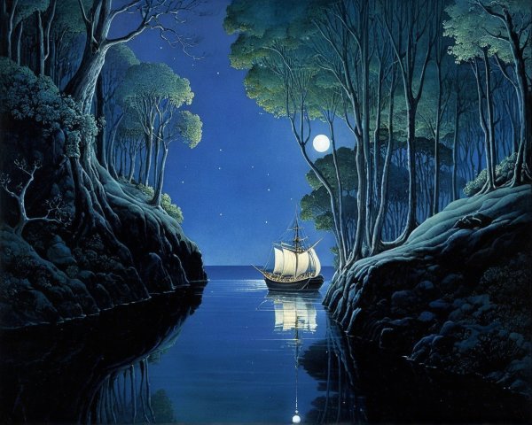 Tranquil River Night Scene with Sailing Ship and Moon