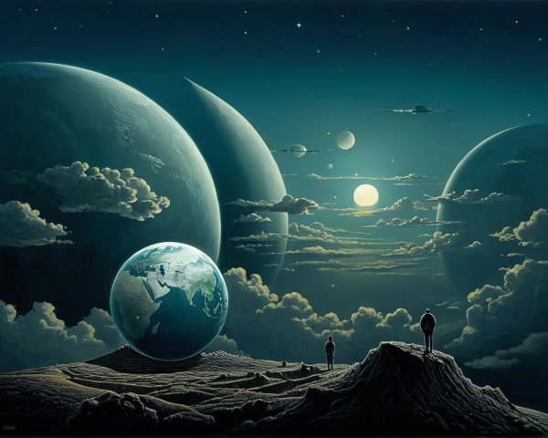 Surreal Cosmic Landscape with Figures and Celestial Bodies