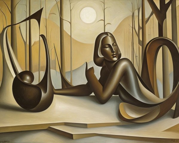 Stylized Human Figure in Serene Landscape Artwork
