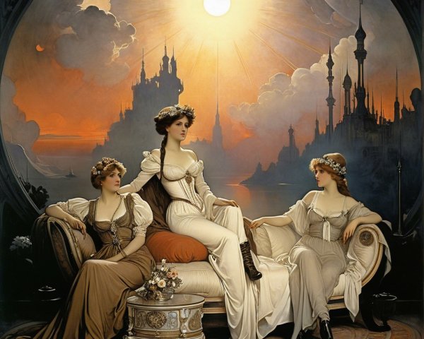 Elegant Women in Ornate Setting with Floral Headpieces