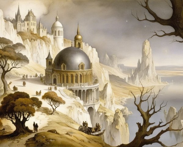 Otherworldly landscape with domed building and cliffs